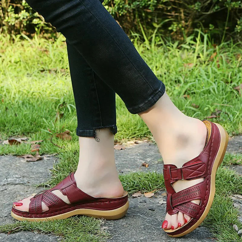 Women's Orthopedic Wedge Sandals - Open Toe, Vintage Leather with Anti-Slip Platform