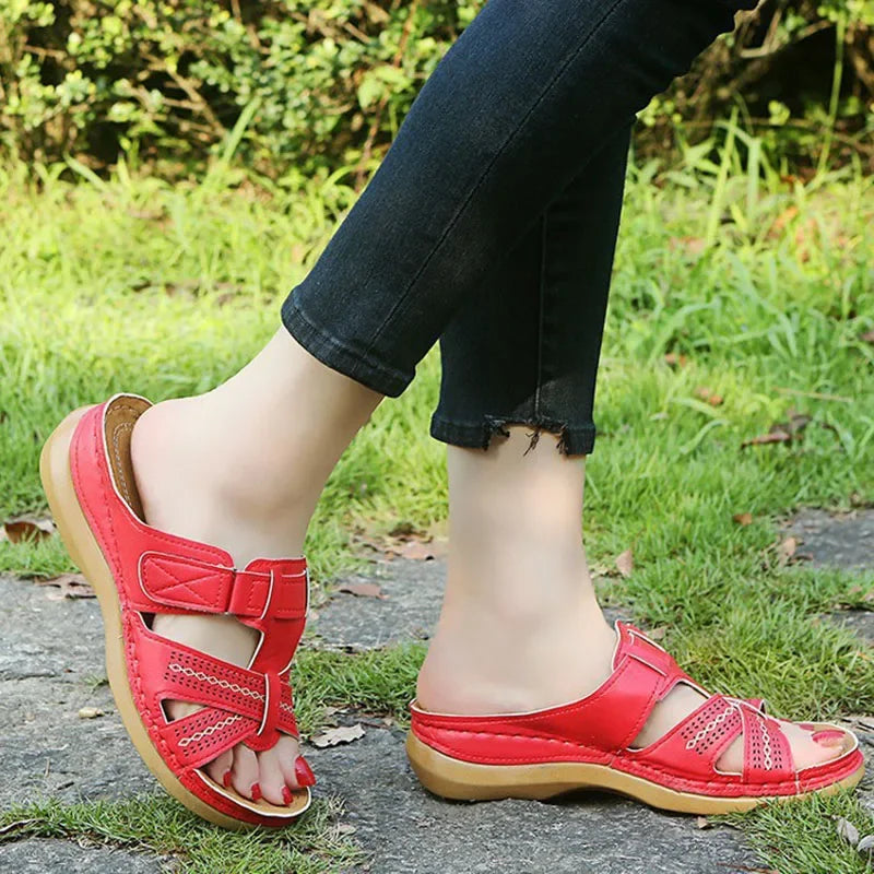 Women's Orthopedic Wedge Sandals - Open Toe, Vintage Leather with Anti-Slip Platform